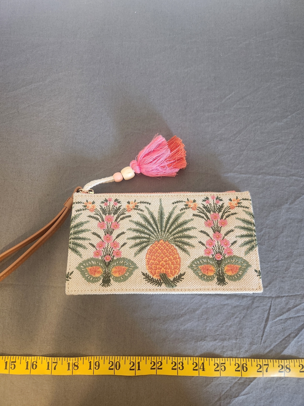 Embroidered Pineapple Wristlet Clutch in Peach and Green